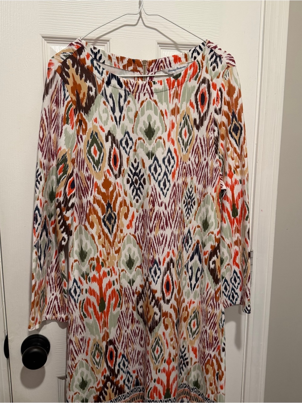 Tommy Bahama Ikat Print Shift Dress Large Boho 3/4 Sleeve Resort